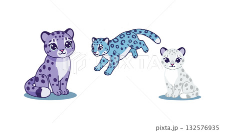 Cute cartoon purple blue and white leopard cubs in playful poses vector illustration 132576935