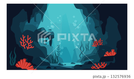 Underwater Cave Scene with Blue Lighting and Red Coral Reef Vector Illustration Underwater Cave Scene with Blue Lighting and Red Coral Reef Vector Illustration 132576936