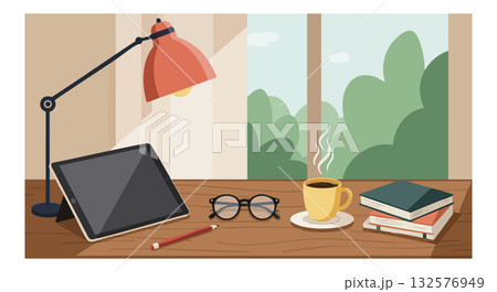 Desk workspace with tablet coffee glasses and books near window vector illustration 132576949