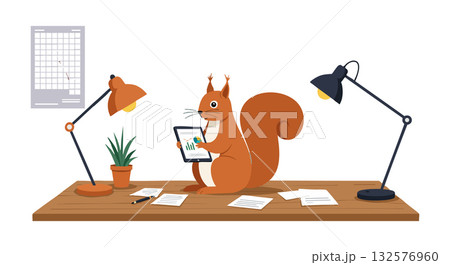 Squirrel working on tablet with desk lamps calendar and papers vector illustration Squirrel working on tablet with desk lamps calendar and papers vector illustration 132576960