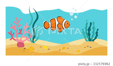Clownfish swimming in colorful underwater coral reef marine life scene vector illustration 132576962