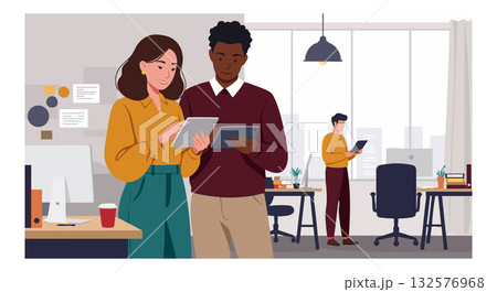 Diverse coworkers collaborating with digital tablets in modern office environment vector illustration Diverse coworkers collaborating with digital tablets in modern office environment vector illustration 132576968