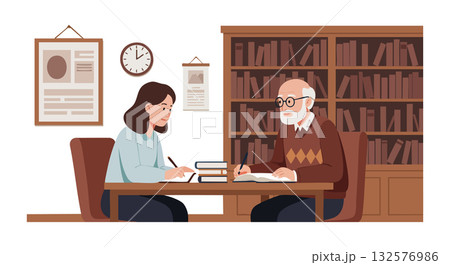 Elderly man and young woman studying together at library table in warm indoor setting 132576986