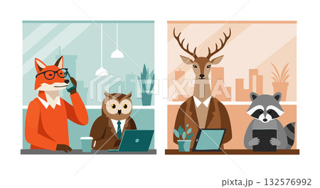Fox and owl business animals working on laptop and phone in modern office vector illustration 132576992