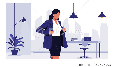 Businesswoman in modern office with city skyline background vector illustration 132576993