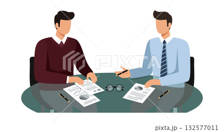 Two men discussing documents in office meeting with casual and formal attire vector illustration 132577011