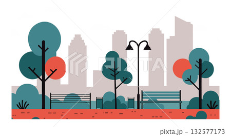 Urban park benches with trees and city skyline vector illustration in muted colors 132577173