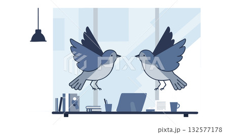 Two bluebirds flying inside modern office space with laptop and books vector illustration 132577178