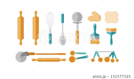 Kitchen tools and utensils collection with rolling pins whisks spoons and brushes vector illustration 132577183