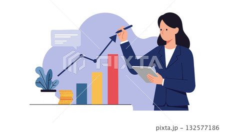 Businesswoman analyzing financial growth chart with coins and plant vector illustration 132577186
