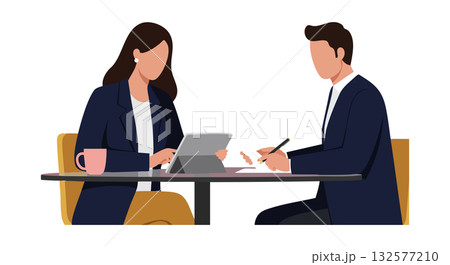 Business meeting with man and woman working on tablet and notes in office environment Business meeting with man and woman working on tablet and notes in office environment 132577210