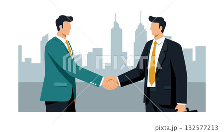 Businessmen shaking hands in front of city skyline with modern buildings vector illustration 132577213
