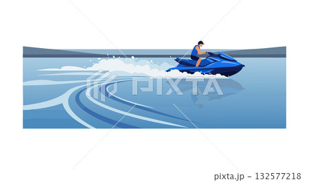 Jet Ski Rider on Calm Blue Water Creating Waves Vector Illustration 132577218