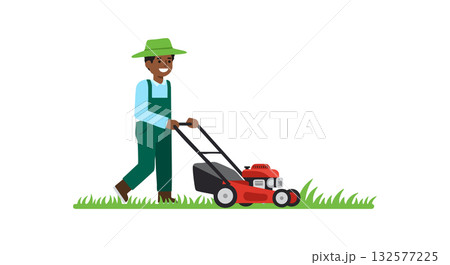 Man mowing green grass with red lawn mower vector illustration in garden scene 132577225