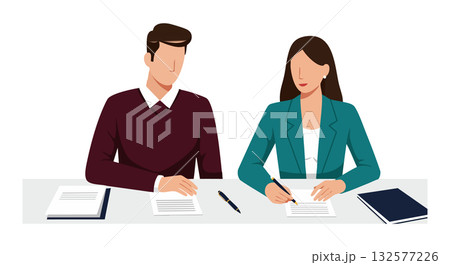 Businessman and businesswoman working together at desk with documents and pen vector illustration 132577226