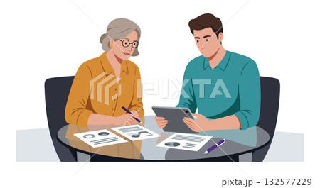 Elderly woman and young man discussing documents at table vector illustration 132577229
