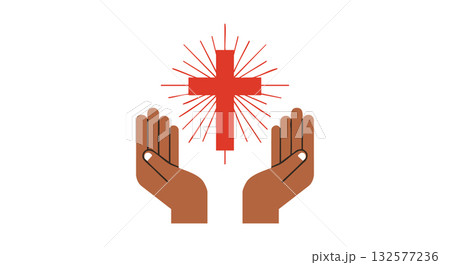 Cross with Radiant Rays and Open Hands Symbolizing Faith and Prayer Vector Illustration Cross with Radiant Rays and Open Hands Symbolizing Faith and Prayer Vector Illustration 132577236