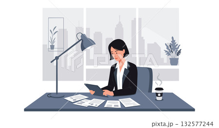Businesswoman working at office desk with cityscape background and documents 132577244