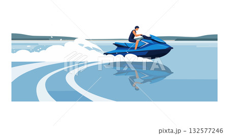 Jet Ski Rider on Calm Water Surface Creating White Wake Trails Vector Illustration Jet Ski Rider on Calm Water Surface Creating White Wake Trails Vector Illustration 132577246