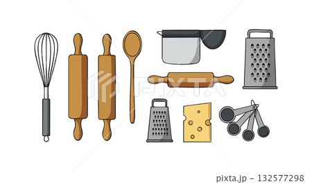Kitchen utensils set with rolling pins, graters, whisk, wooden spoon, measuring spoons, cheese, and pot vector illustration 132577298
