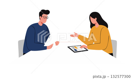 Two People Discussing Business Ideas with Digital Tablet in Modern Office Vector Illustration Two People Discussing Business Ideas with Digital Tablet in Modern Office Vector Illustration 132577300