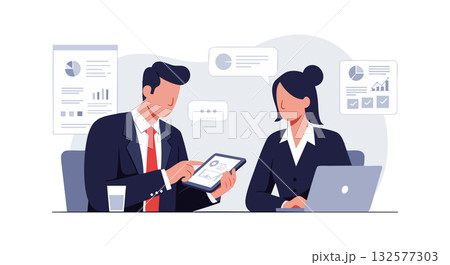 Business meeting with two professionals discussing data and charts in office setting vector illustration 132577303