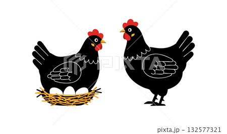 Black Chickens with Red Combs Sitting and Standing on Nest with Eggs Vector Illustration Black Chickens with Red Combs Sitting and Standing on Nest with Eggs Vector Illustration 132577321