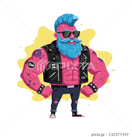 Muscular punk man with blue mohawk and beard in leather vest and sunglasses vector illustration 132577347