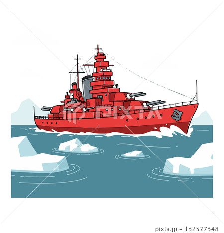 Red battleship sailing through icy ocean with detailed deck and turrets vector illustration Red battleship sailing through icy ocean with detailed deck and turrets vector illustration 132577348