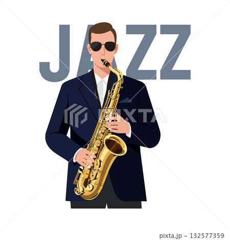 Jazz musician playing saxophone in dark suit with sunglasses vector illustration 132577359