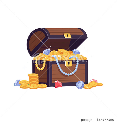 Treasure chest filled with gold coins diamonds and jewelry vector illustration 132577360