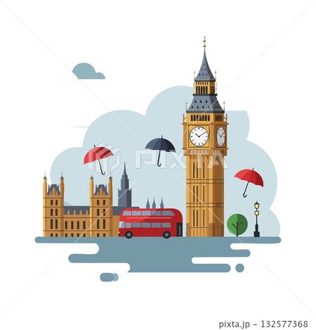 Big Ben London landmark with red double decker bus and floating umbrellas illustration vector 132577368