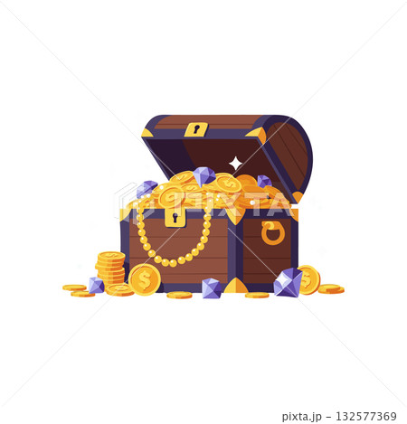 Treasure chest filled with gold coins and purple gemstones vector illustration Treasure chest filled with gold coins and purple gemstones vector illustration 132577369