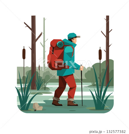 Hiker with backpack walking in forest landscape nature outdoor adventure vector illustration Hiker with backpack walking in forest landscape nature outdoor adventure vector illustration 132577382