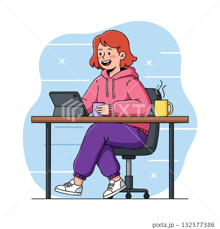 Young woman sitting at desk using tablet and holding cup with hot drink vector illustration Young woman sitting at desk using tablet and holding cup with hot drink vector illustration 132577386