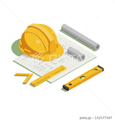 Construction helmet ruler blueprint level tool vector illustration design workspace Construction helmet ruler blueprint level tool vector illustration design workspace 132577387