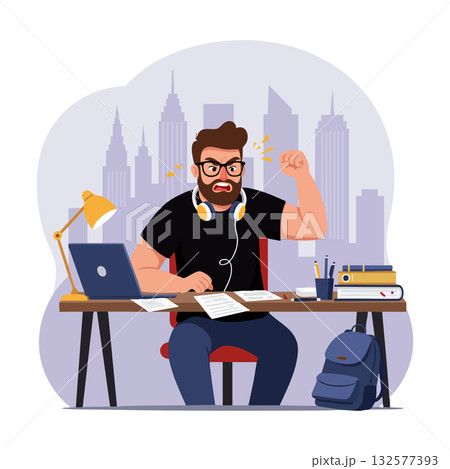 Frustrated man working at desk with laptop and books in city office vector illustration 132577393