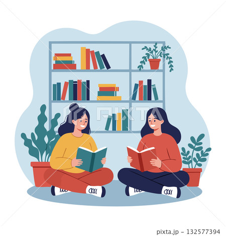 Two women reading books together sitting on floor with bookshelf and plants vector illustration 132577394