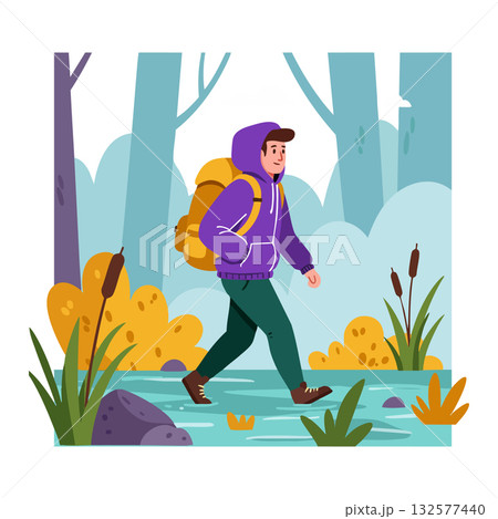 Hiker walking through forest in autumn with yellow backpack and purple hoodie vector illustration Hiker walking through forest in autumn with yellow backpack and purple hoodie vector illustration 132577440