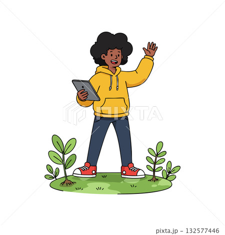 Boy holding tablet waving hand standing on grass with plants digital illustration Boy holding tablet waving hand standing on grass with plants digital illustration 132577446