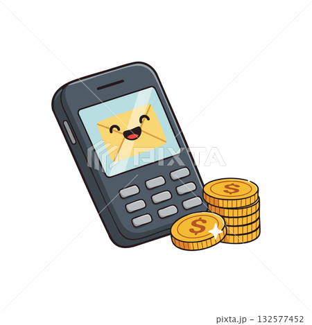 Mobile payment device with happy mail icon and gold coins vector illustration 132577452