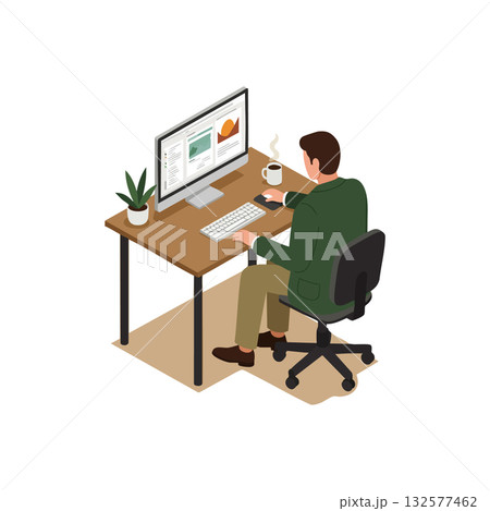 Man working on computer with coffee at office desk vector illustration 132577462