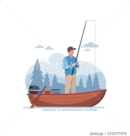 Man fishing on wooden boat in forest lake landscape with cloudy sky vector illustration 132577470
