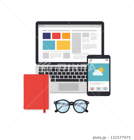 Laptop smartphone glasses and red notebook workspace setup for remote work vector illustration 132577475
