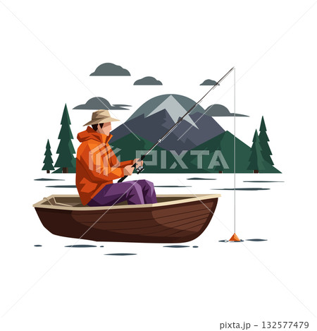 Fisherman in boat fishing on lake with mountain and pine trees vector illustration Fisherman in boat fishing on lake with mountain and pine trees vector illustration 132577479