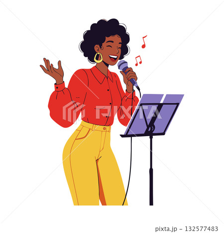 Woman singing on microphone with music stand in casual red shirt and yellow pants vector illustration Woman singing on microphone with music stand in casual red shirt and yellow pants vector illustration 132577483