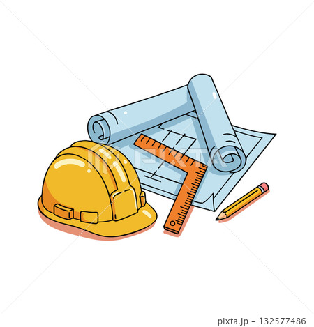 Construction helmet blueprint ruler and pencil engineering tools vector illustration Construction helmet blueprint ruler and pencil engineering tools vector illustration 132577486