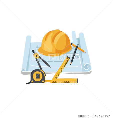 Construction tools and safety helmet with blueprint and measuring instruments vector illustration 132577497