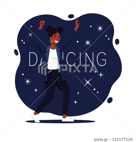 Young woman dancing happily in casual outfit with dark blue background and stars vector illustration 132577520