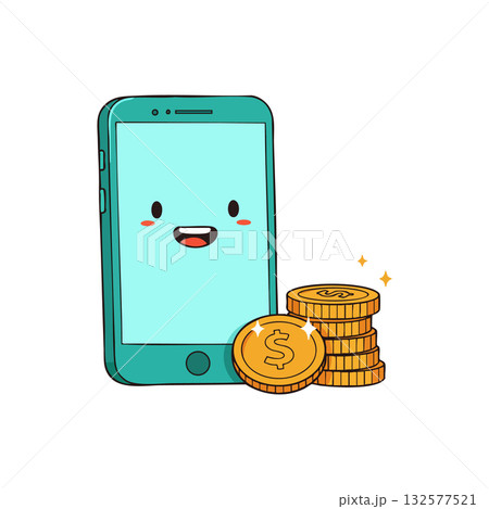 Cute smartphone with happy face and stack of golden coins digital money concept vector Cute smartphone with happy face and stack of golden coins digital money concept vector 132577521